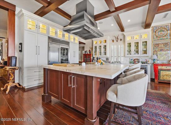 Interior, Kitchen, Recessed Lighting, Stainless Steel Appliances, Wooden Beams, Wood Texture Flooring