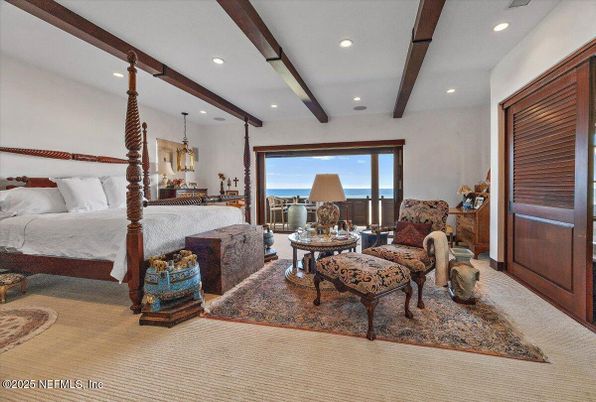 Bedroom, Interior, Pendant Lights, Recessed Lighting, Water, Wooden Beams