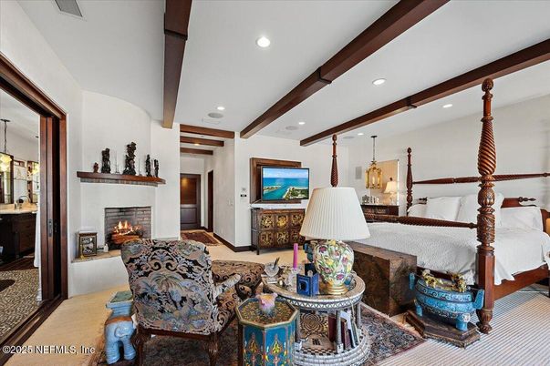 Bedroom, Fireplace, Interior, Pendant Lights, Recessed Lighting, Wooden Beams