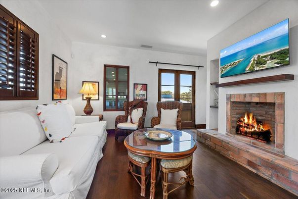 Fireplace, Interior, Living room, Recessed Lighting, Wood Texture Flooring