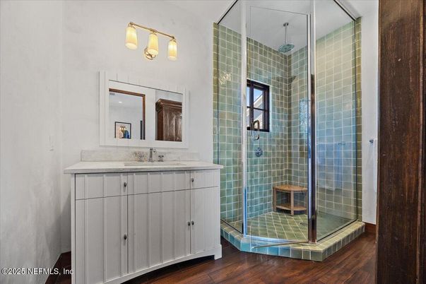 Bathroom, Glass Shower, Interior, Wood Texture Flooring