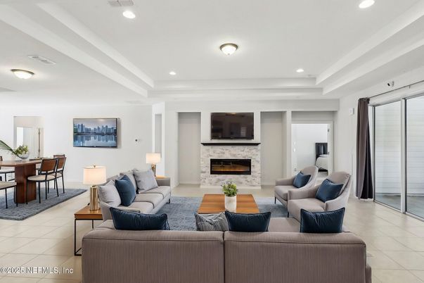 Dining room, Fireplace, Interior, Living room, Recessed Lighting