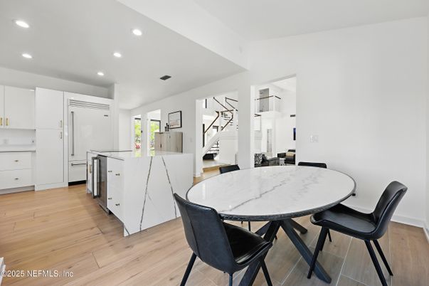 Dining room, Interior, Kitchen, Recessed Lighting, Wood Texture Flooring