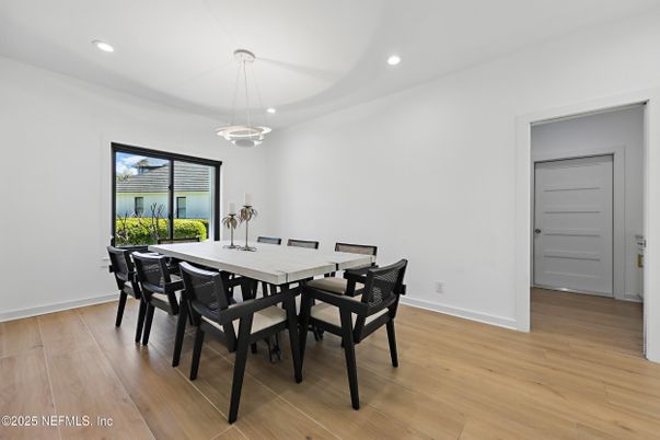 Dining room, Interior, Pendant Lights, Recessed Lighting, Wood Texture Flooring