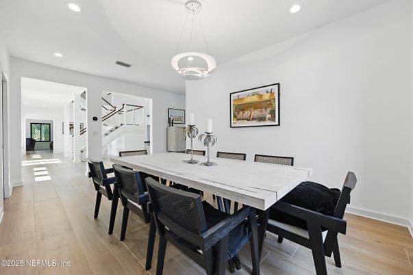 Dining room, Interior, Pendant Lights, Recessed Lighting, Wood Texture Flooring
