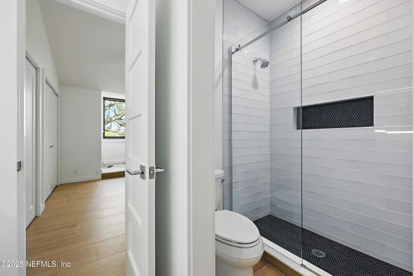 Bathroom, Glass Shower, Interior, Wood Texture Flooring
