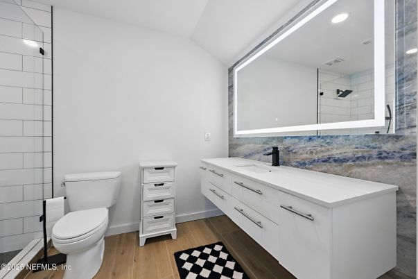 Bathroom, Dual Sink Vanities, Interior, Recessed Lighting, Wood Texture Flooring