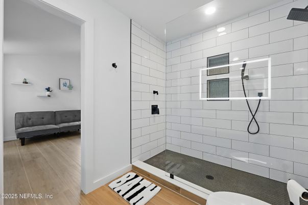 Bathroom, Glass Shower, Interior, Recessed Lighting, Wood Texture Flooring