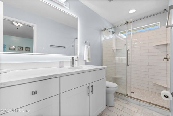 Bathroom, Dual Sink Vanities, Glass Shower, Interior, Marble, Recessed Lighting