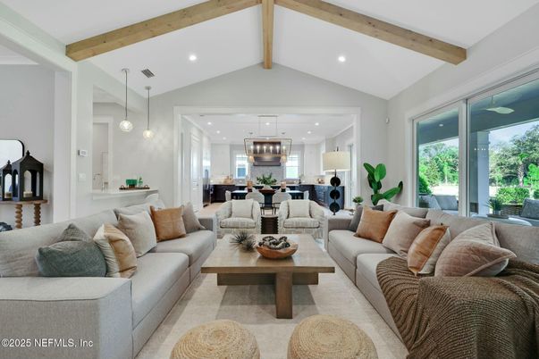 Dining room, Interior, Kitchen, Living room, Pendant Lights, Recessed Lighting, Wooden Beams