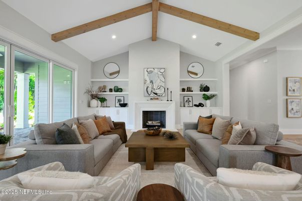 Fireplace, Interior, Living room, Recessed Lighting, Wooden Beams