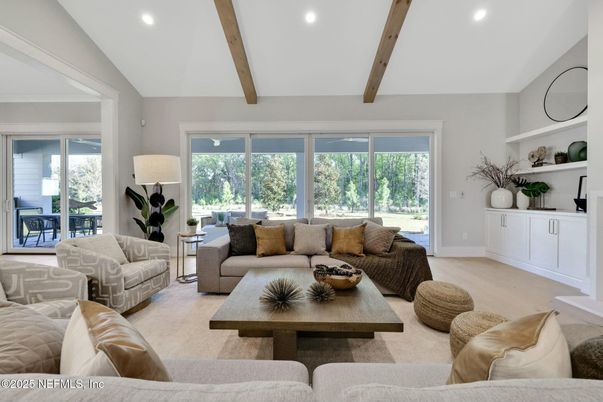 Interior, Living room, Recessed Lighting, Wooden Beams, Wood Texture Flooring