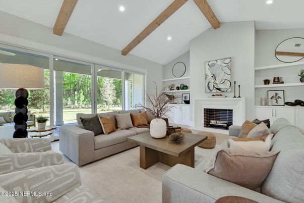 Fireplace, Interior, Living room, Recessed Lighting, Wooden Beams