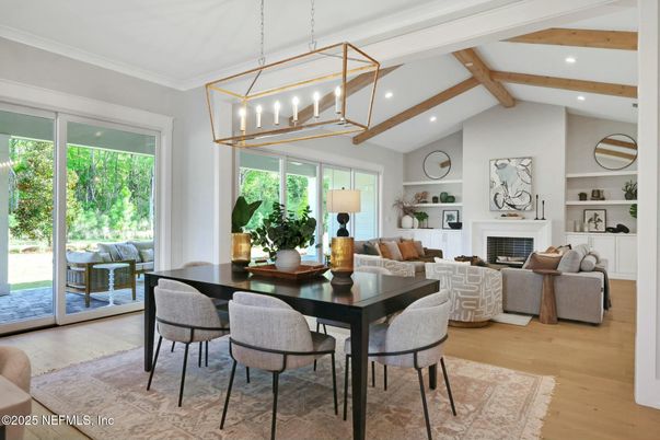 Dining room, Fireplace, Interior, Living room, Pendant Lights, Recessed Lighting, Wooden Beams, Wood Texture Flooring
