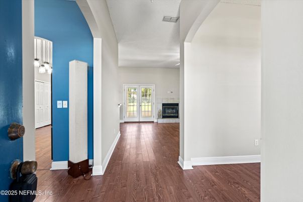 Empty room, Fireplace, Interior, Recessed Lighting, Wood Texture Flooring