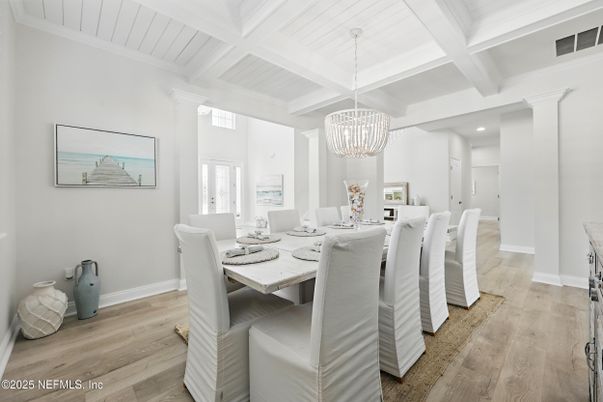 Chandelier, Dining room, Interior, Recessed Lighting, Wood Texture Flooring