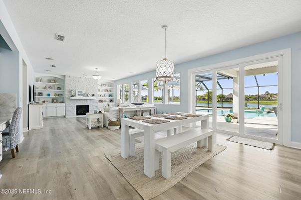 Dining room, Fireplace, Interior, Living room, Pendant Lights, Wood Texture Flooring