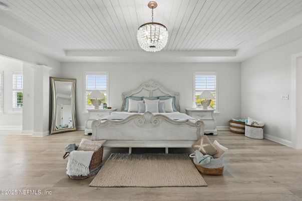 Bedroom, Chandelier, Interior, Wood Texture Flooring