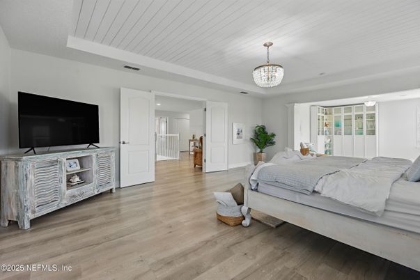 Bedroom, Chandelier, Interior, Wood Texture Flooring