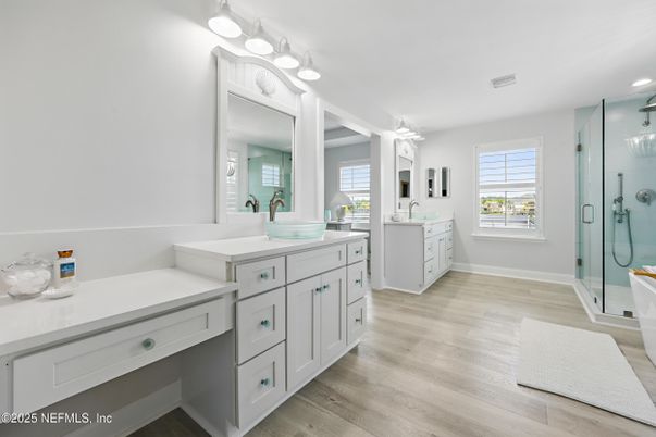 Bathroom, Dual Sink Vanities, Glass Shower, Interior, Recessed Lighting, Wood Texture Flooring