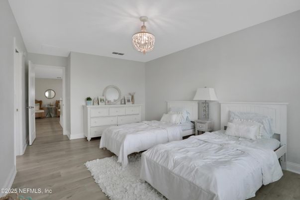 Bedroom, Chandelier, Interior, Wood Texture Flooring