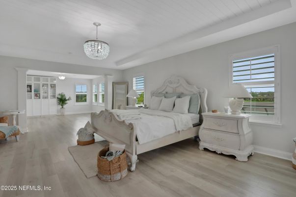 Bedroom, Chandelier, Interior, Wood Texture Flooring