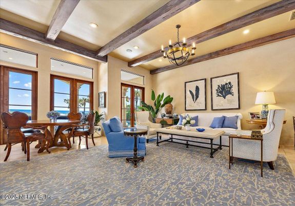 Chandelier, Dining room, Interior, Living room, Recessed Lighting, Wooden Beams
