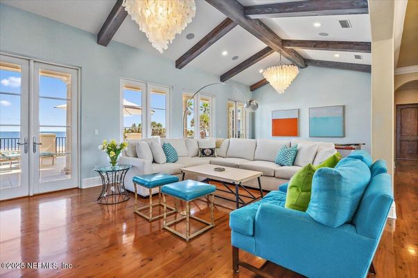Chandelier, Interior, Living room, Recessed Lighting, Wooden Beams, Wood Texture Flooring