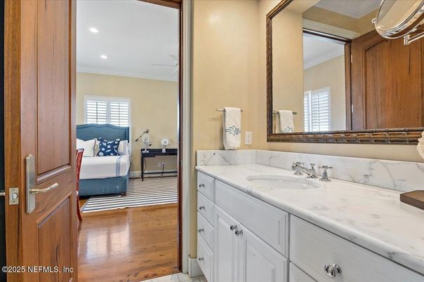 Bathroom, Interior, Recessed Lighting, Wood Texture Flooring