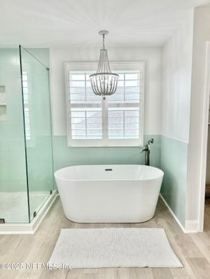 Bathroom, Free Standing Baths, Glass Shower, Interior, Pendant Lights, Wood Texture Flooring