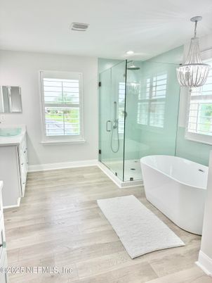 Bathroom, Free Standing Baths, Glass Shower, Interior, Pendant Lights, Recessed Lighting, Wood Texture Flooring
