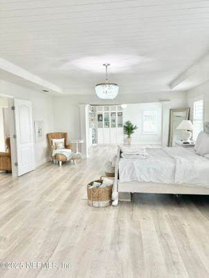Bedroom, Chandelier, Interior, Wood Texture Flooring