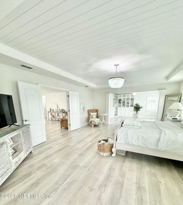Bedroom, Chandelier, Interior, Wood Texture Flooring