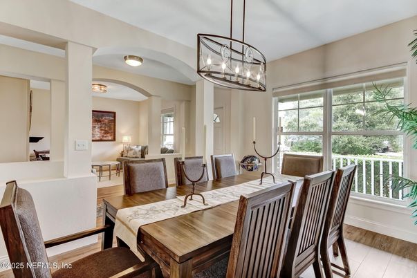 Dining room, Interior, Pendant Lights, Wood Texture Flooring