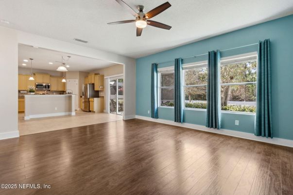 Empty room, Interior, Kitchen, Pendant Lights, Wood Texture Flooring