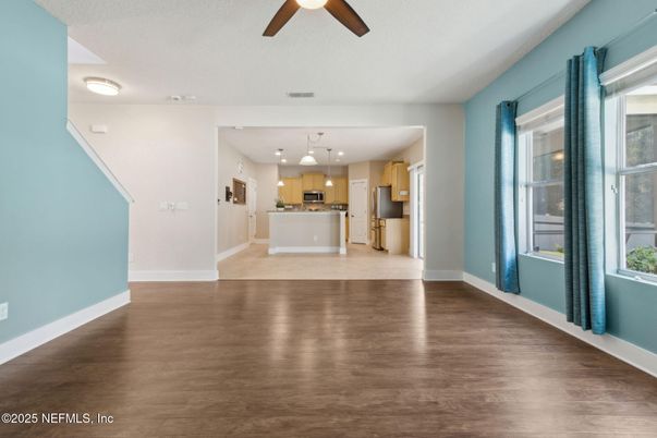 Empty room, Interior, Kitchen, Pendant Lights, Wood Texture Flooring