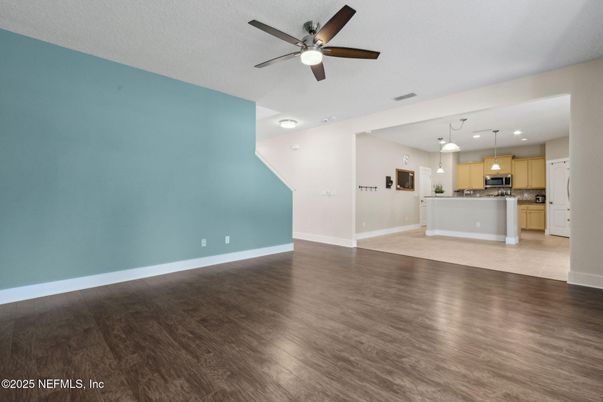 Empty room, Interior, Kitchen, Pendant Lights, Recessed Lighting, Wood Texture Flooring