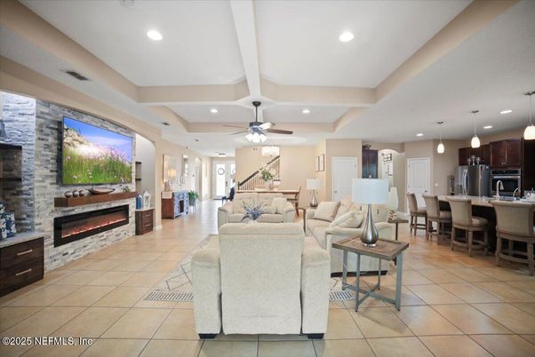 Dining room, Fireplace, Interior, Kitchen, Living room, Pendant Lights, Recessed Lighting, Stone Walls