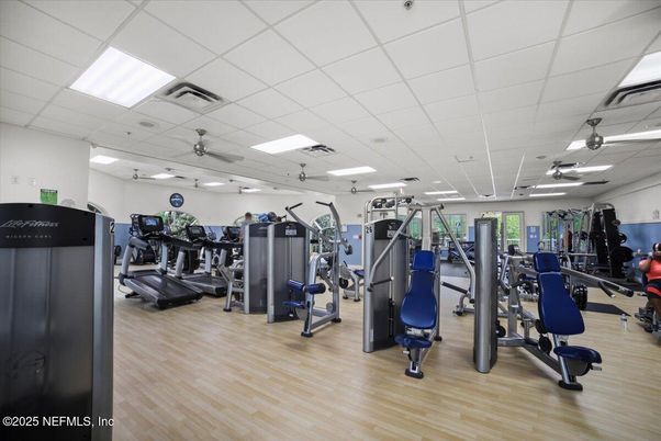 Fitness Equipment, Gym, Interior, Recessed Lighting, Wood Texture Flooring