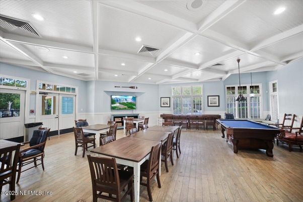 Billiard Table, Dining room, Game Room, Interior, Pendant Lights, Recessed Lighting, Wood Texture Flooring