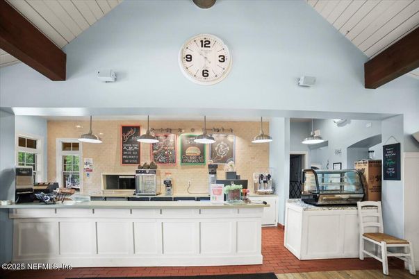 Interior, Kitchen, Pendant Lights, Stainless Steel Appliances, Stone Walls, Wooden Beams, Wood Texture Flooring