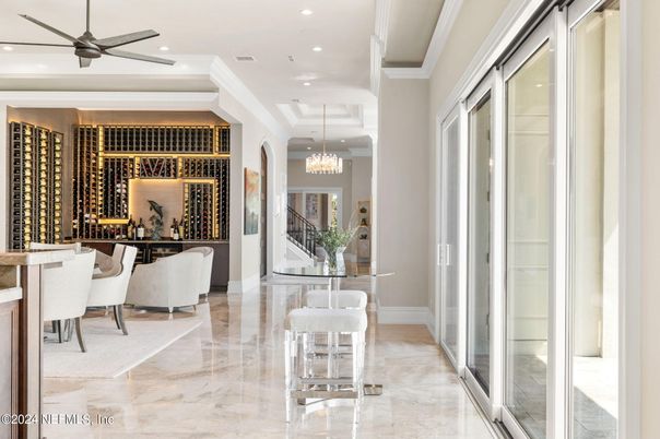 Chandelier, Dining room, Interior, Marble, Recessed Lighting, Wine Storage