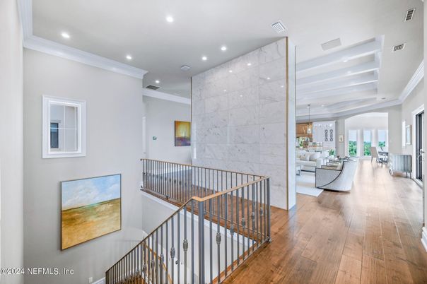 Interior, Marble Walls, Pendant Lights, Recessed Lighting, Wood Texture Flooring