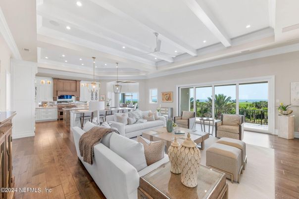 Dining room, Interior, Kitchen, Living room, Pendant Lights, Recessed Lighting, Stainless Steel Appliances, Wood Texture Flooring