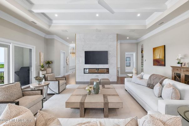 Fireplace, Interior, Living room, Marble Walls, Recessed Lighting, Wood Texture Flooring