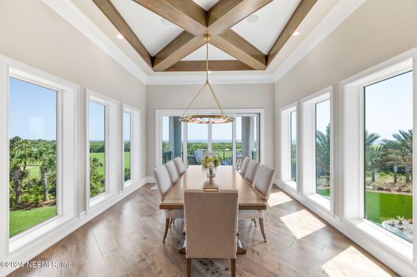 Dining room, Interior, Pendant Lights, Recessed Lighting, Wooden Beams, Wood Texture Flooring