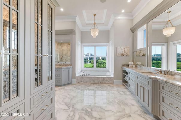 Bathroom, Dual Sink Vanities, Interior, Marble, Pendant Lights, Recessed Lighting