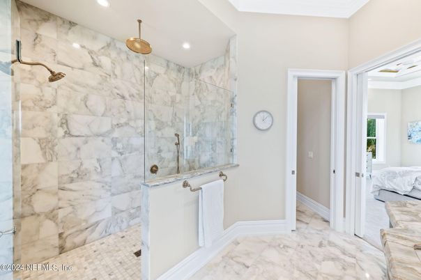 Bathroom, Glass Shower, Interior, Marble, Marble Walls, Recessed Lighting