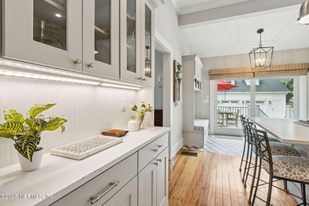 Dining room, Interior, Pendant Lights, Wood Texture Flooring