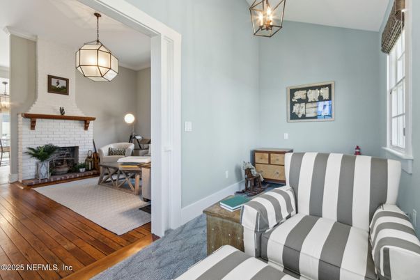 Fireplace, Interior, Pendant Lights, Wood Texture Flooring